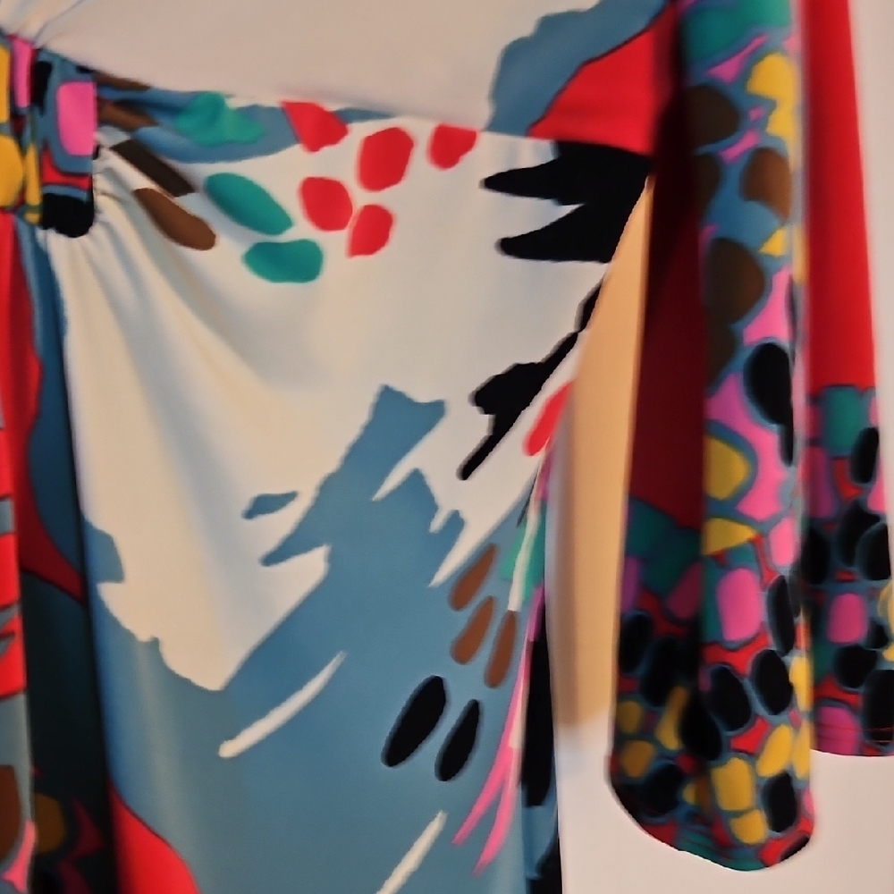 Evan Picone Multicolor Floral Print V-Neck Dress - Coral, Teal, Black, White - Picture 4 of 5